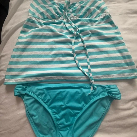 Mossimo Supply Co. Turquoise & White Striped Swim Tankini with Solid Bottom - Picture 2 of 3